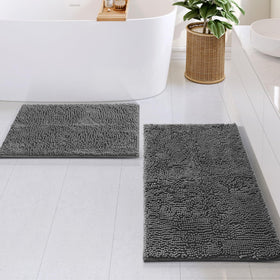 Hearth & Harbor gray 20x32 rug set demonstrates quick-dry, absorbent surface.