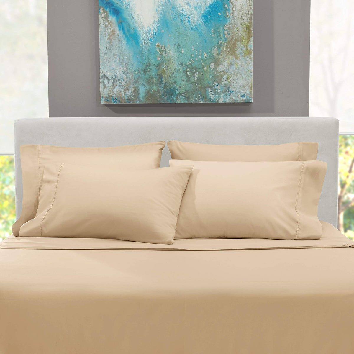 Hearth & Harbor packaging and cream bed linen set ready for setup
