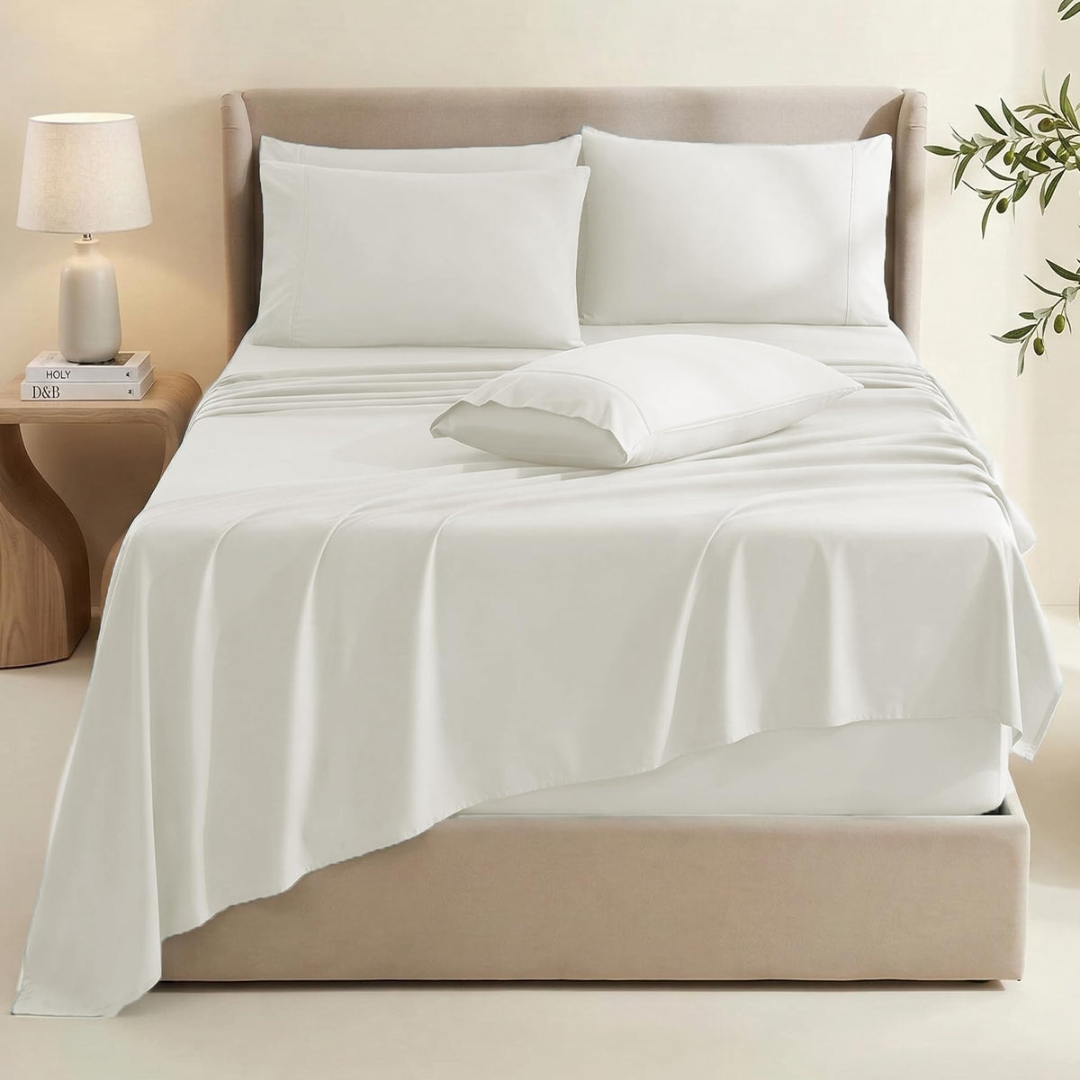 Hearth & Harbor deep-pocket fitted sheet on king mattress showing secure 78x80 inch fit