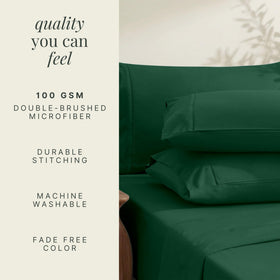 Hearth and Harbor hunter green bedding styled on a deep mattress