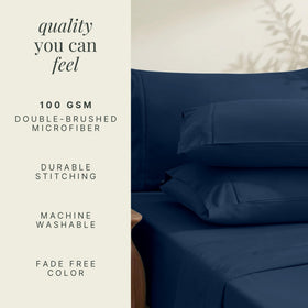 Hearth & Harbor navy blue sheets on a bed showing vibrant color that resists fading