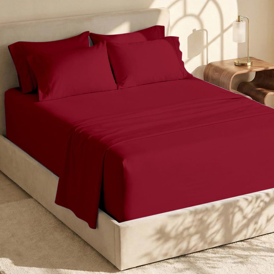 Hearth and Harbor burgundy deep-pocket queen sheet fabric close-up showing softness