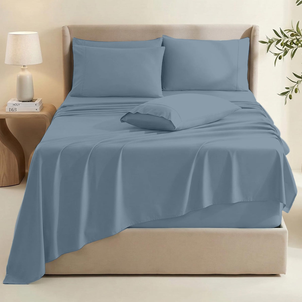Hearth & Harbor deep-pocket fitted sheet on a tall mattress, secure fit that stays in place.