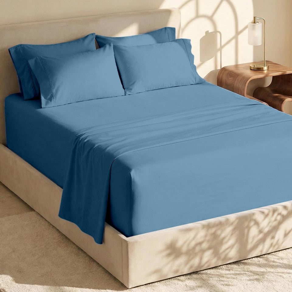 Hearth & Harbor extra deep pocket fitted sheet shown on tall mattress for a secure fit.