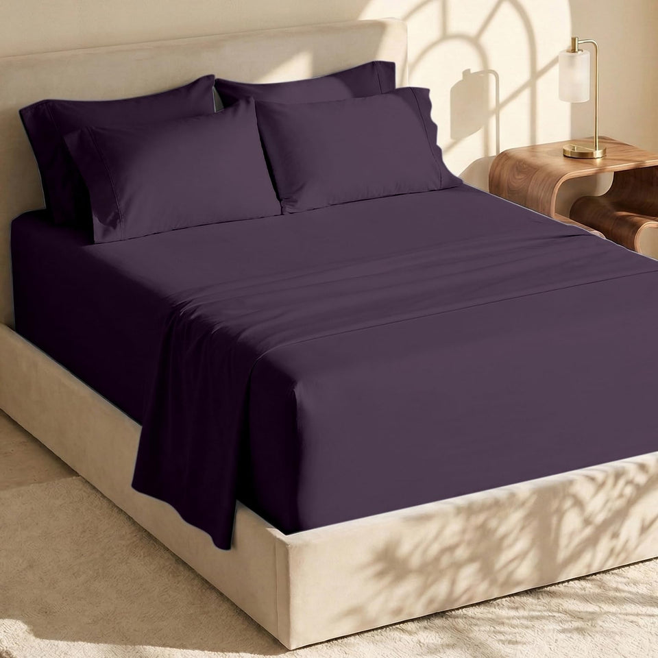 Hearth & Harbor extra-deep pocket king fitted sheets in eggplant fit tall mattresses snugly.