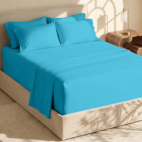 Hearth & Harbor Beach Blue extra deep pocket queen sheets close-up, ultra-soft microfiber.