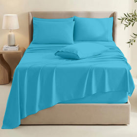 Hearth & Harbor Beach Blue flat sheet on display for full-coverage look.