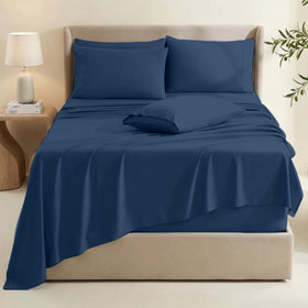Hearth & Harbor navy blue queen flat sheet laid out to show generous dimensions