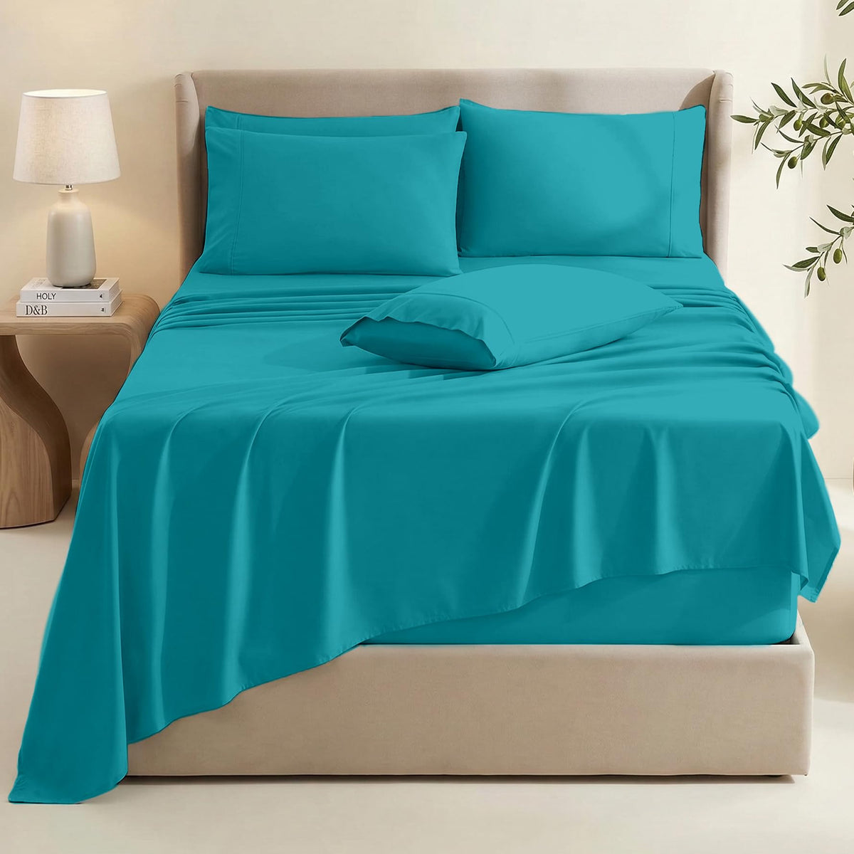 Hearth & Harbor teal flat sheet shown for full bed coverage