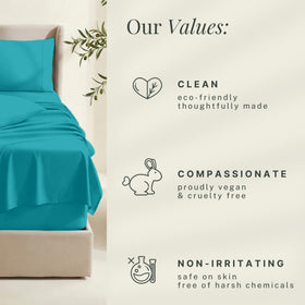 Hearth & Harbor teal sheets arranged in a bedroom setup for easy styling