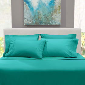 Hearth & Harbor queen sheets in teal illustrating deep-pocket compatibility