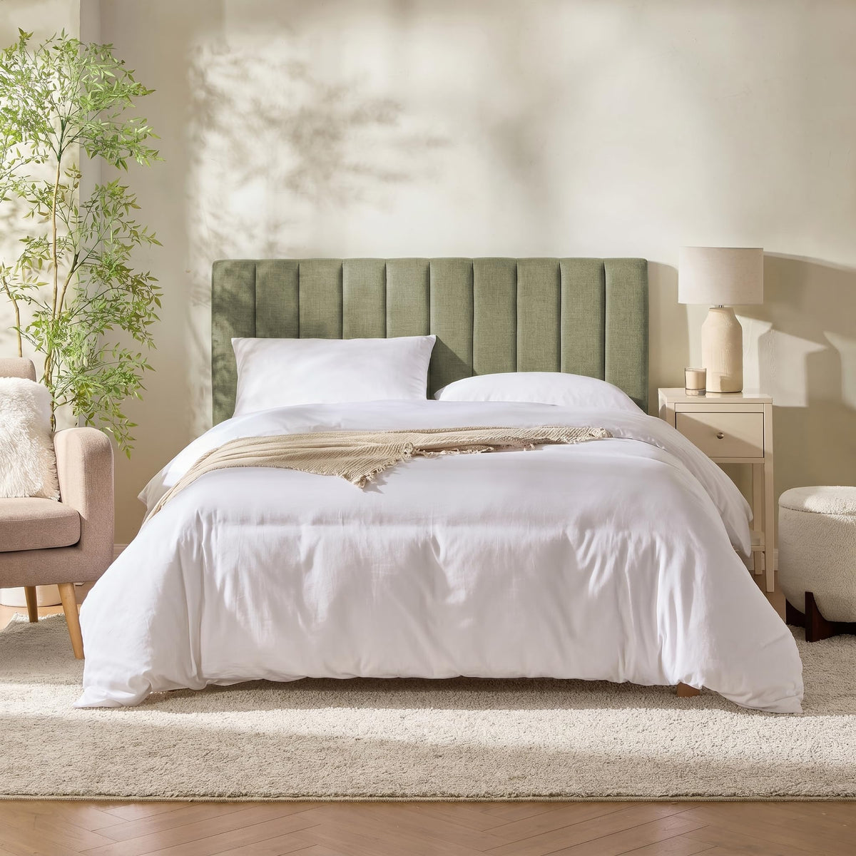 Hearth & Harbor floating headboard design creates a light, space-saving look.