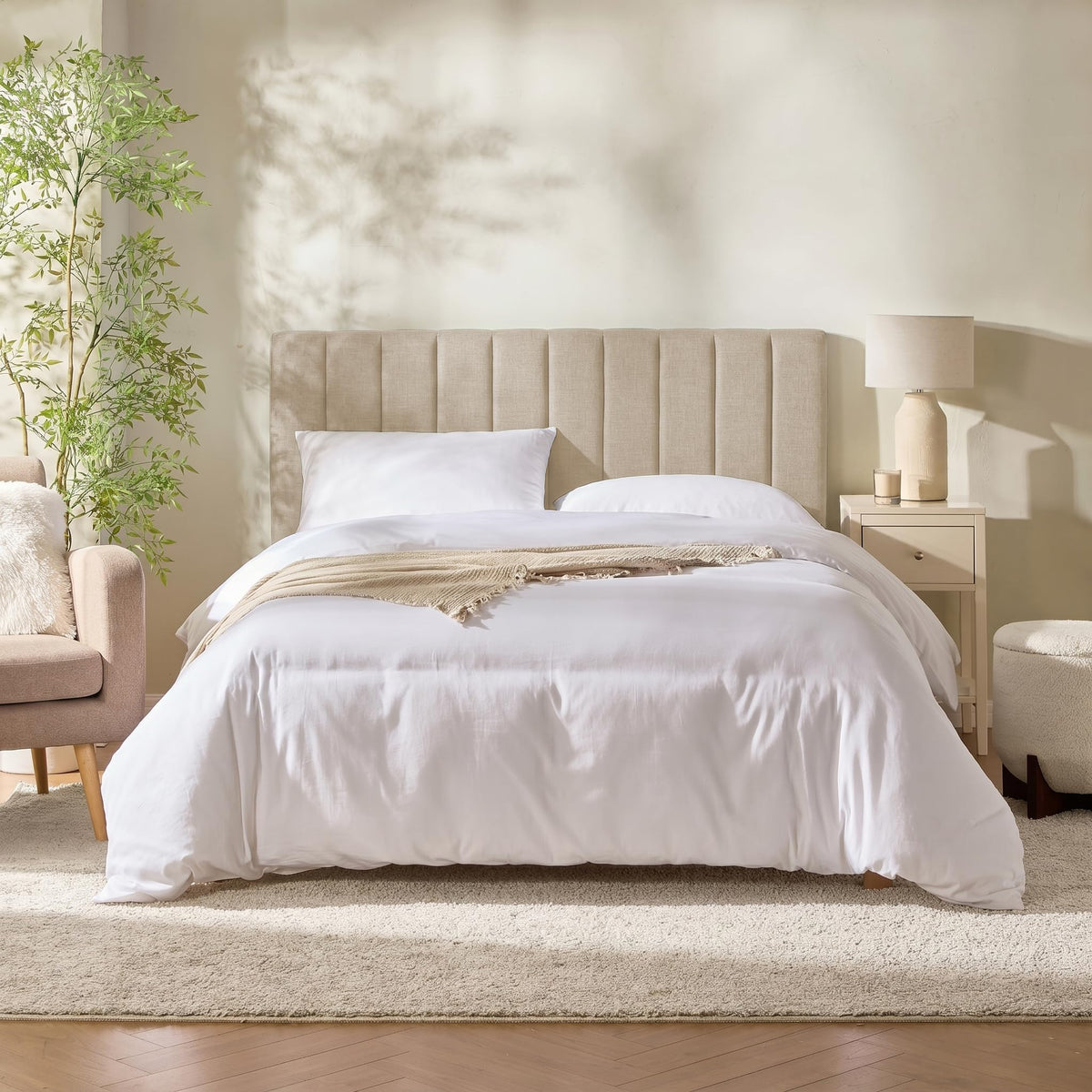 Hearth and Harbor easy-clean stain-resistant fabric on beige headboard