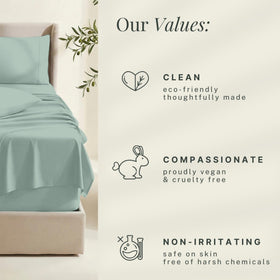 Hearth & Harbor ice green bedding remains secure on tall mattresses with all-around stretch.
