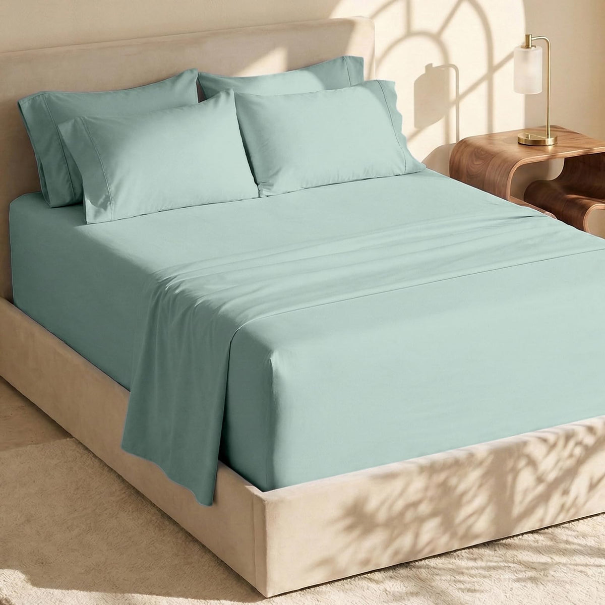 Hearth & Harbor ice green queen sheet set closeup shows plush softness for restful nights.