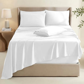 Hearth & Harbor king-size linen set flat sheet draped over bed for sleek drape.