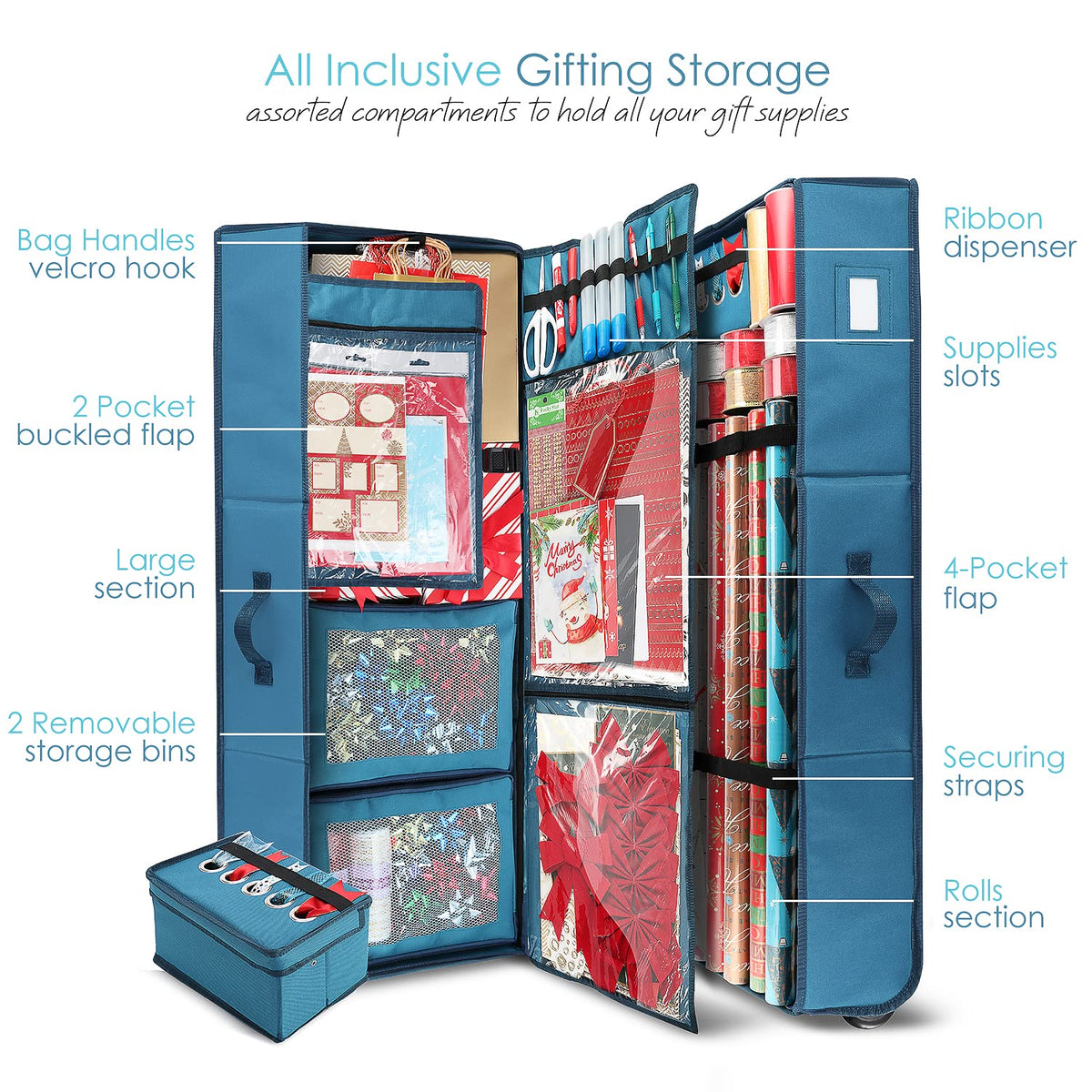 Hearth & Harbor ribbon dispenser compartment keeps ribbons tidy for quick gift wrapping.