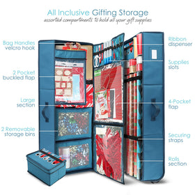 Hearth & Harbor ribbon dispenser compartment keeps ribbons tidy for quick gift wrapping.