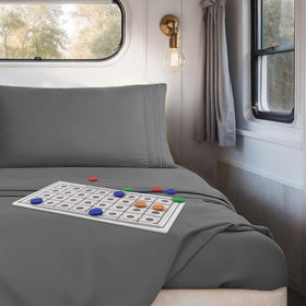 Hearth & Harbor RV short queen flat sheet laid out for a neat bed setup