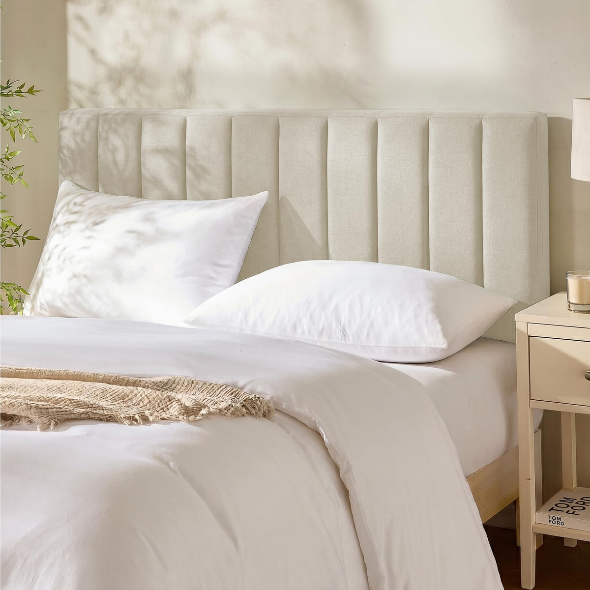 Hearth & Harbor upholstered king headboard assembly showing tool-free wall mounting for quick setup.