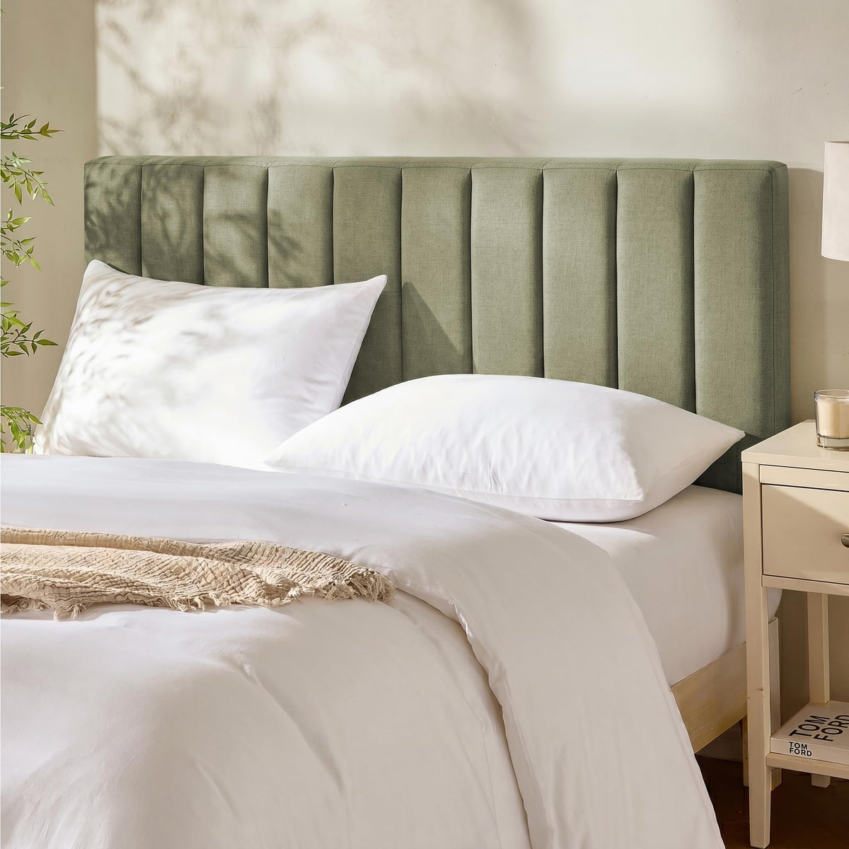 Hearth & Harbor upholstered queen headboard wall-mounted in olive green for a modern look.