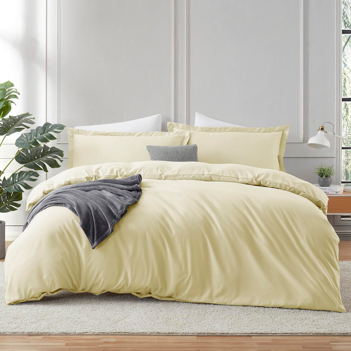 Hearth & Harbor Vanilla Yellow queen duvet cover shows soft microfiber for cool sleep.