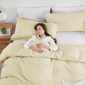 Hearth & Harbor Vanilla Yellow pillow shams show back overlap closure.