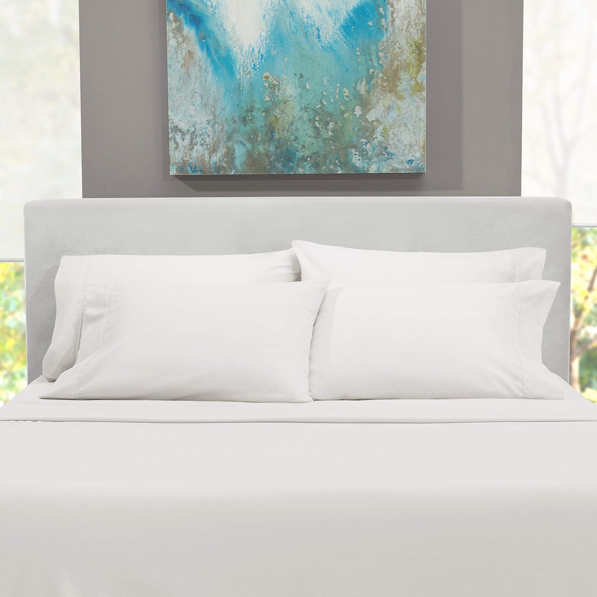 Hearth & Harbor white king-size sheets for a clean, hotel-like bedroom aesthetic.