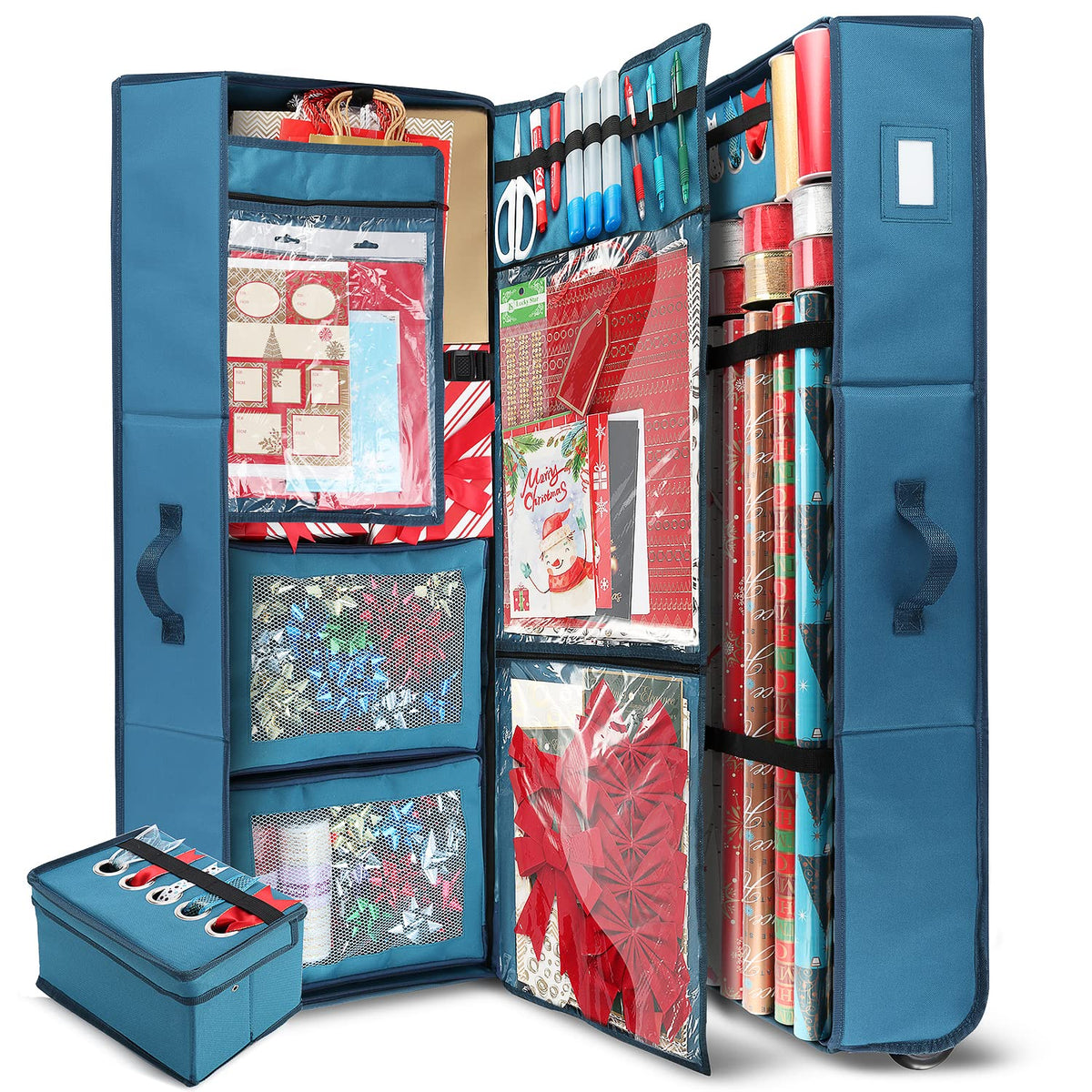 Hearth & Harbor wrapping paper storage container on wheels keeps 30 rolls neatly organized and mobile.