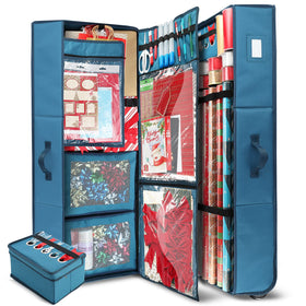 Hearth & Harbor wrapping paper storage container on wheels keeps 30 rolls neatly organized and mobile.