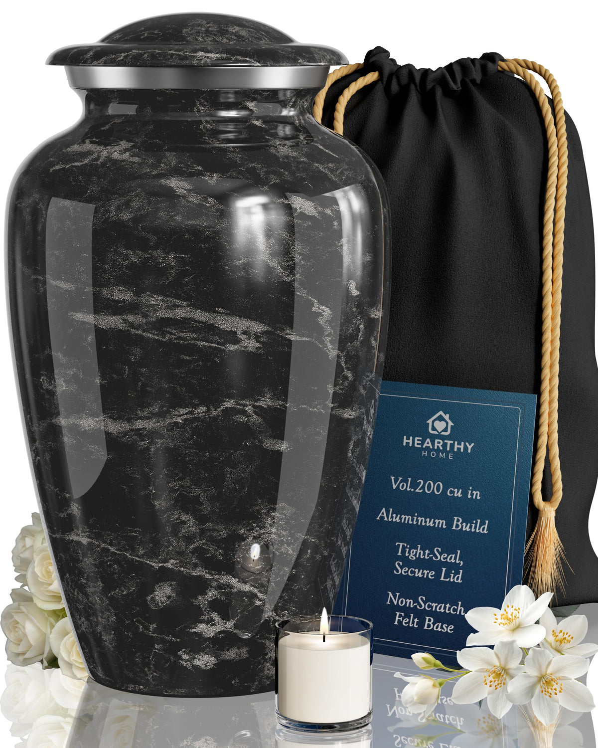 Hearthy Home large urn with black marble finish for dignified remembrance.
