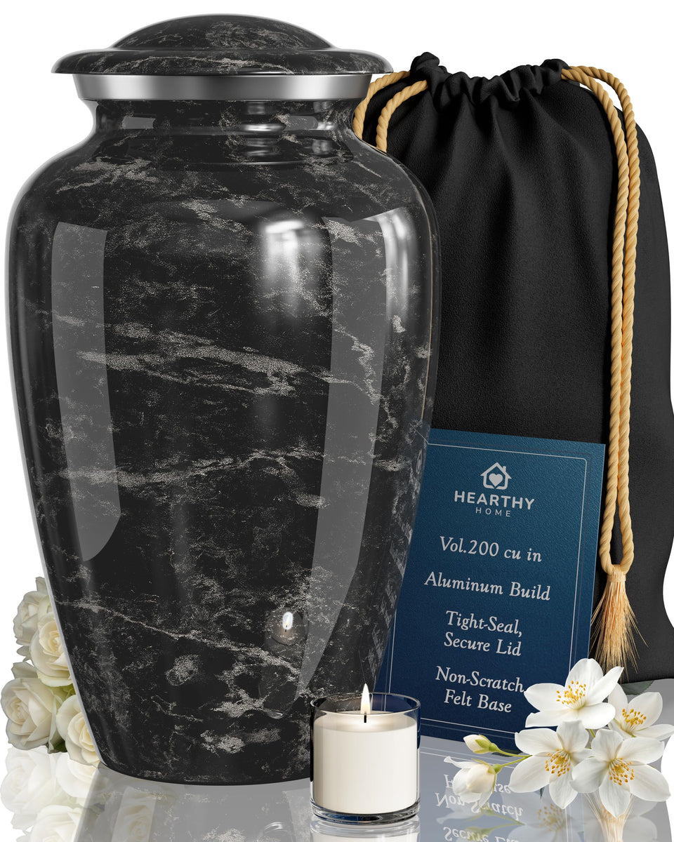 Hearthy Home large urn with black marble finish for dignified remembrance.
