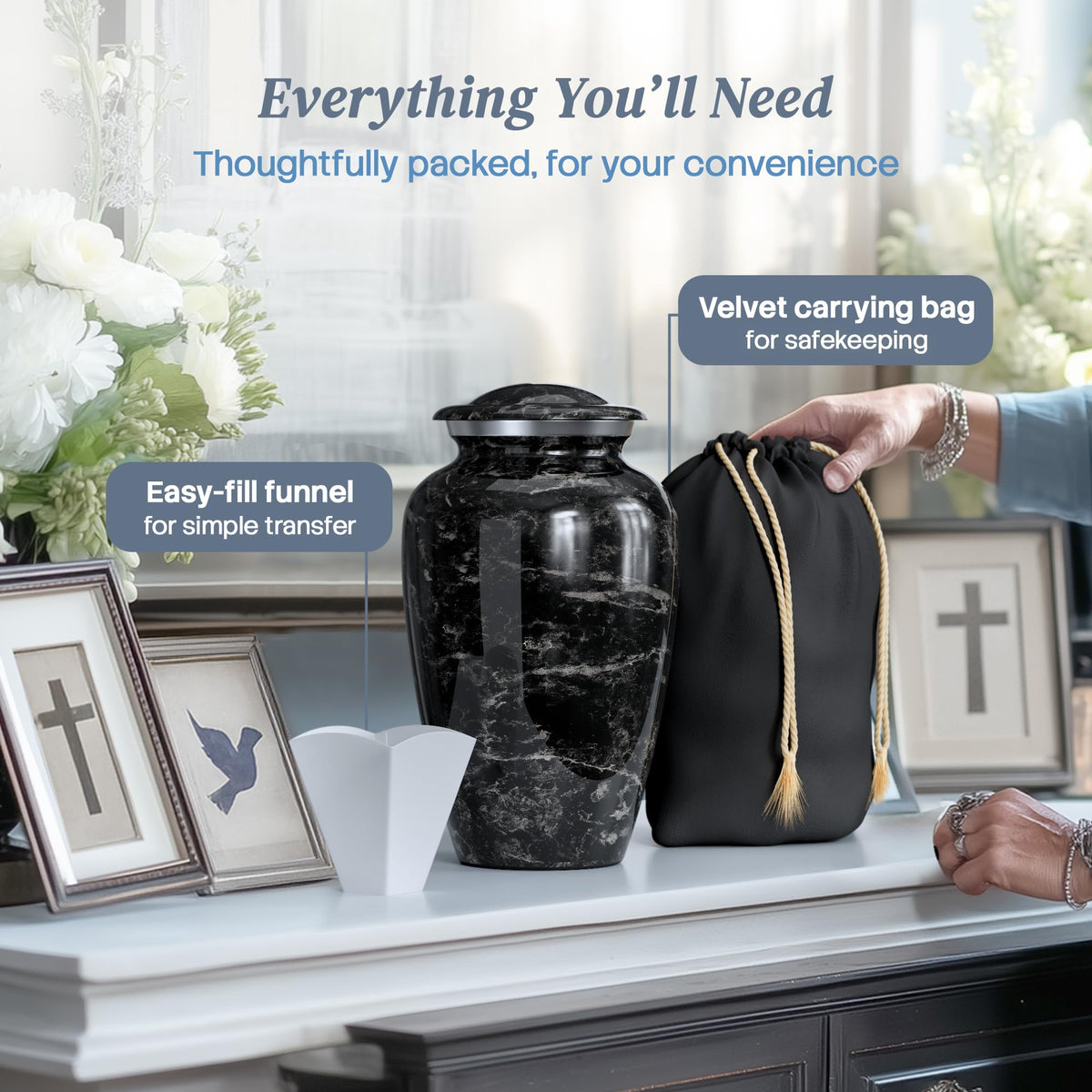 Hearthy Home large urn on a mantel for an elegant memorial.