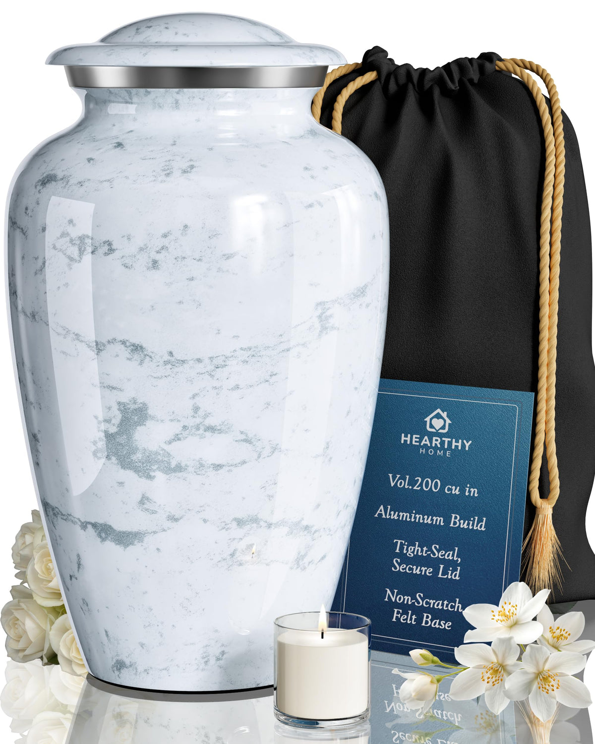 Hearthy Home large urn marble finish close-up showing dignified remembrance