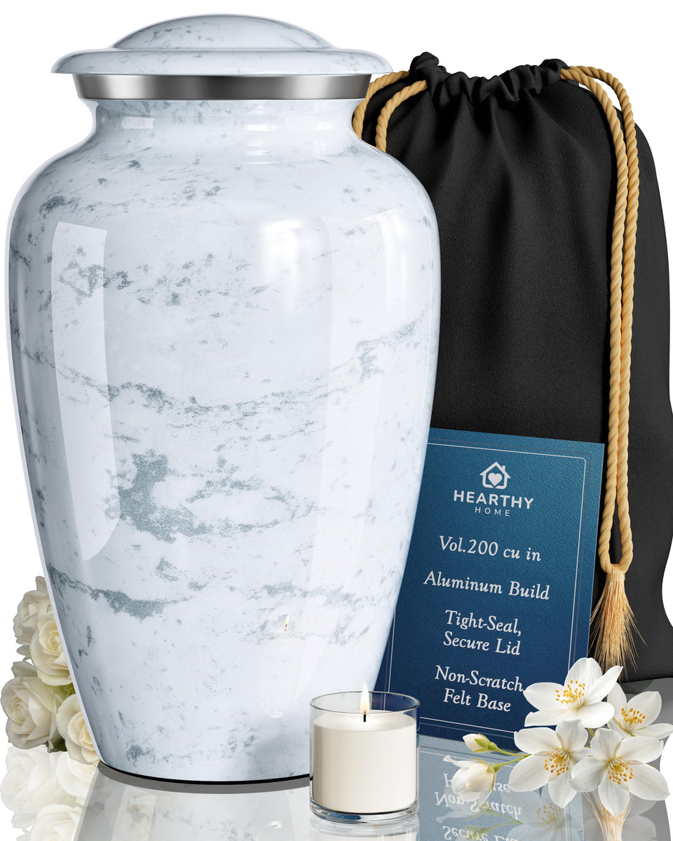 Hearthy Home large urn marble finish close-up showing dignified remembrance