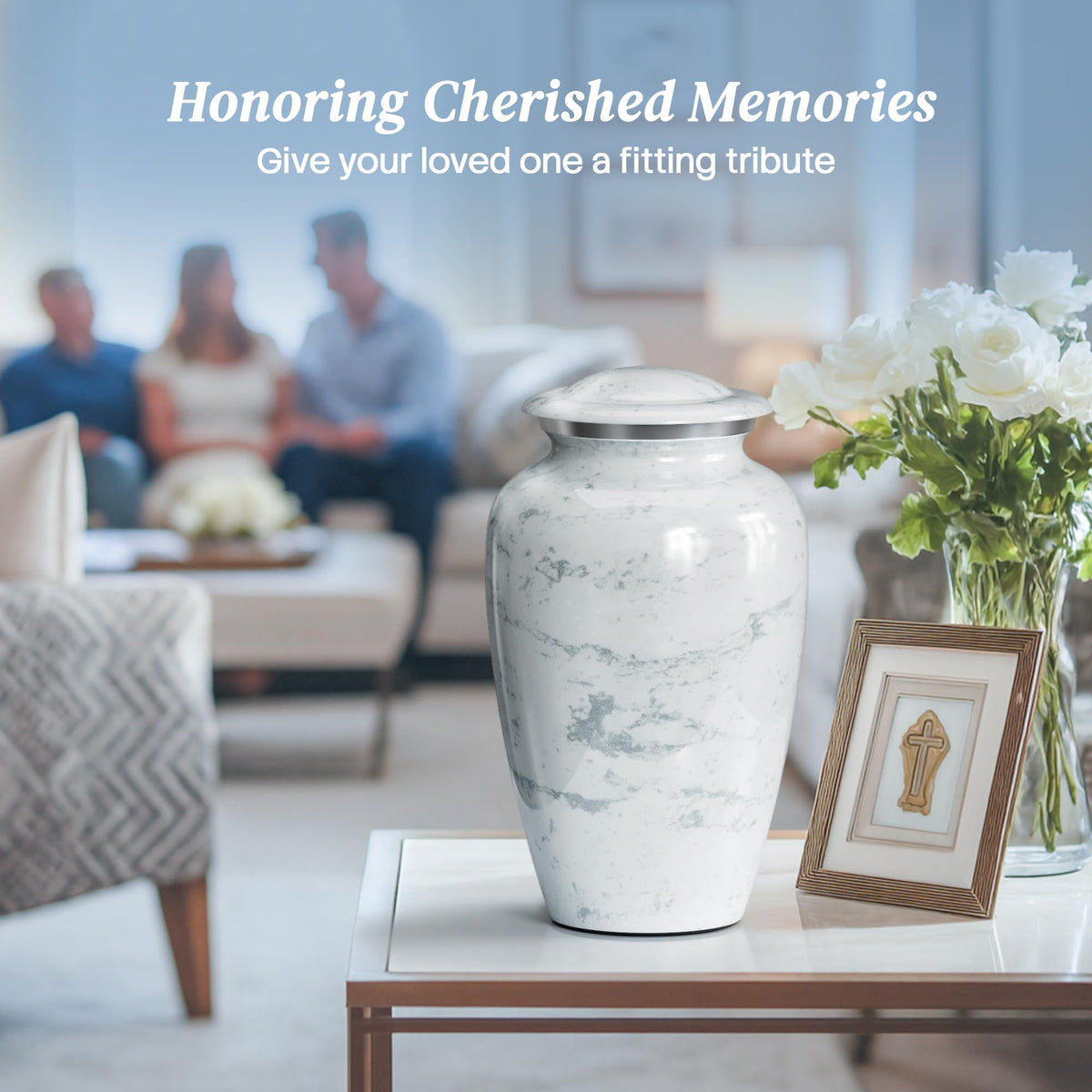 Hearthy Home urn dignified tribute with marble finish on shelf