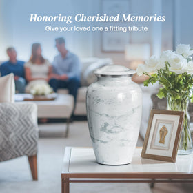 Hearthy Home urn dignified tribute with marble finish on shelf