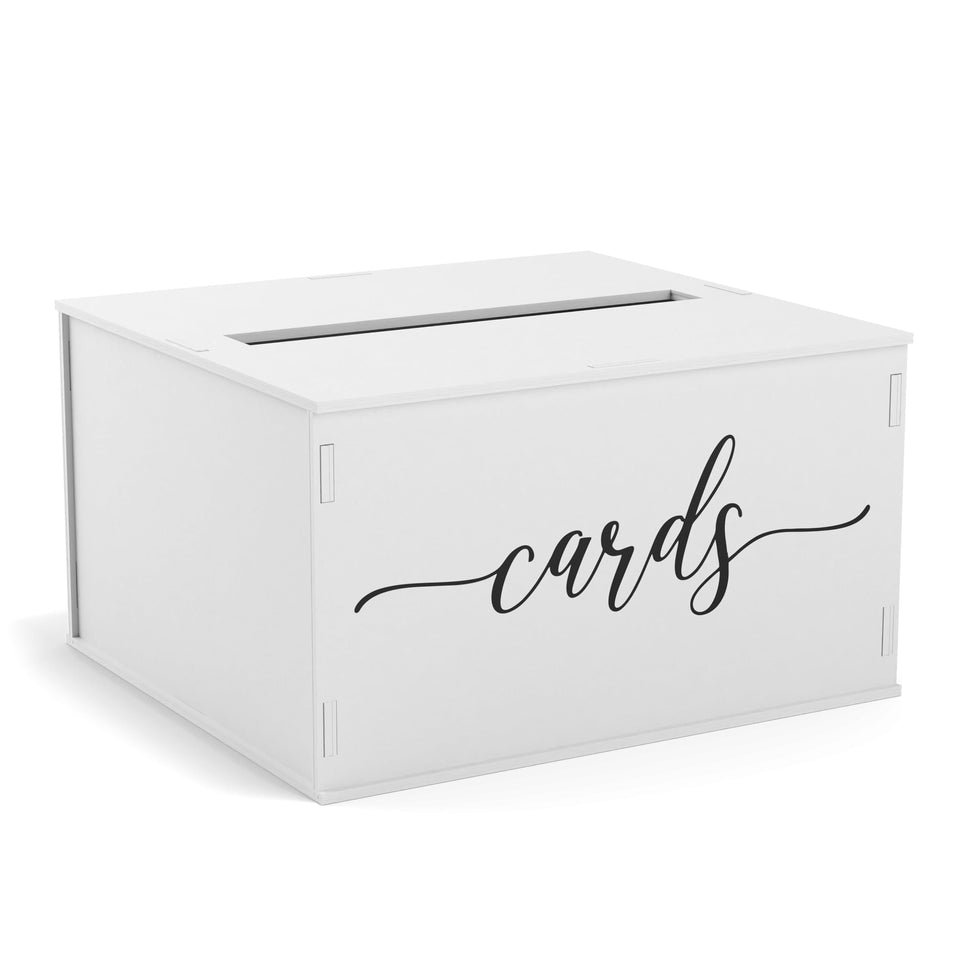 Heather Willow wooden card box with slot and lid displayed at a reception.
