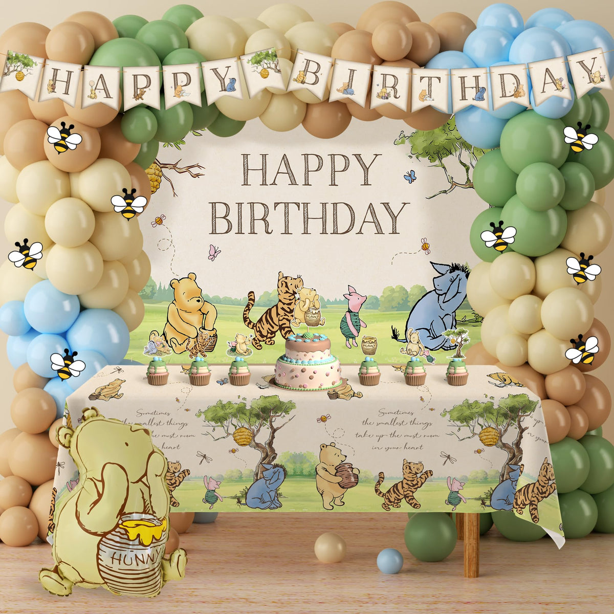Heboland Winnie Bear banner brightens Pooh-themed party ambiance.