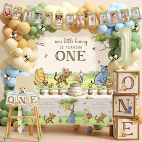 Heboland Winnie first birthday banner enhances milestone photos with Pooh bear charm