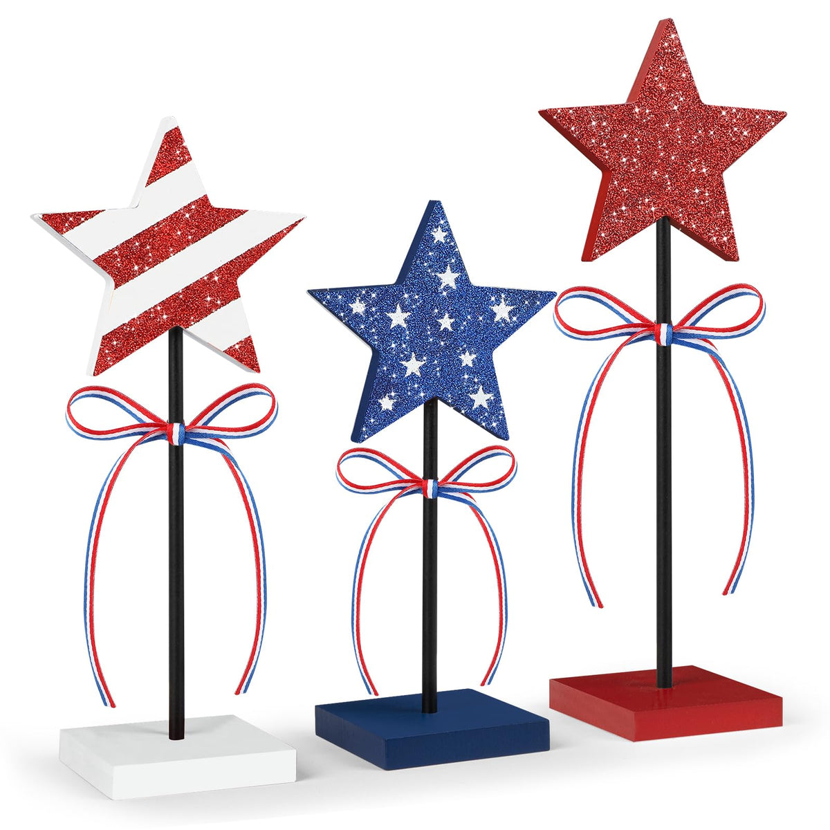 Hedeey patriotic star set 8-inch stars on sturdy base for tiered tray displays.