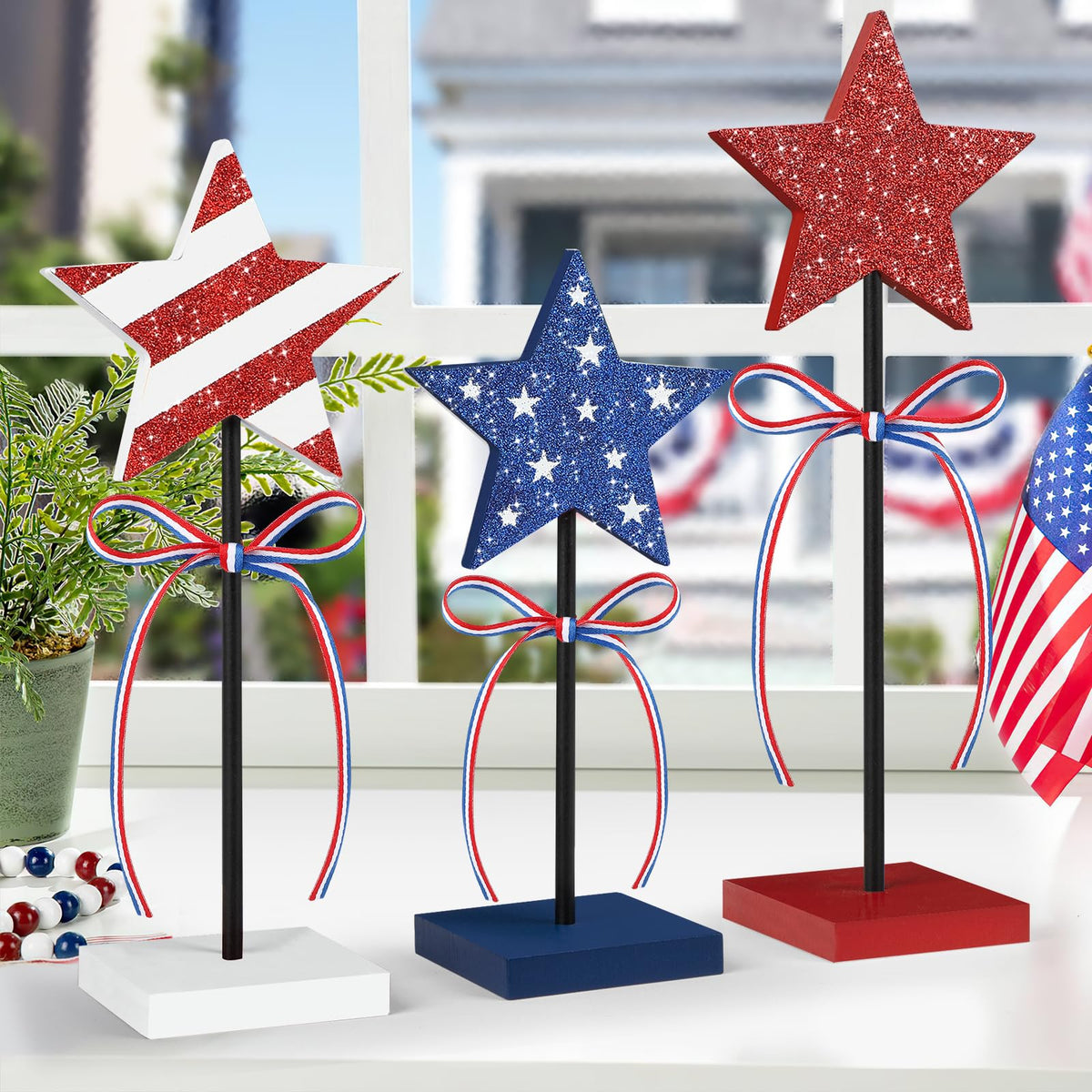 Hedeey patriotic star set 9-inch stars add height and color to shelves.