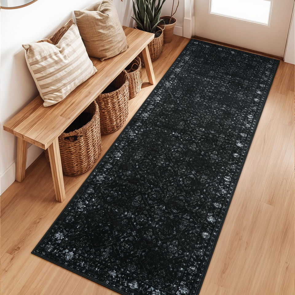 Hedlive Vintage Black Kitchen Runner with non-slip backing for safe hallway use