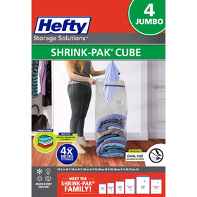 Hefty Shrink-Pak bag with airtight seal ideal for seasonal clothes storage.