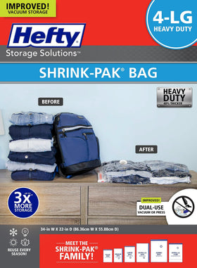 Hefty Shrink-Pak bag sealing clothing for compact closet storage.
