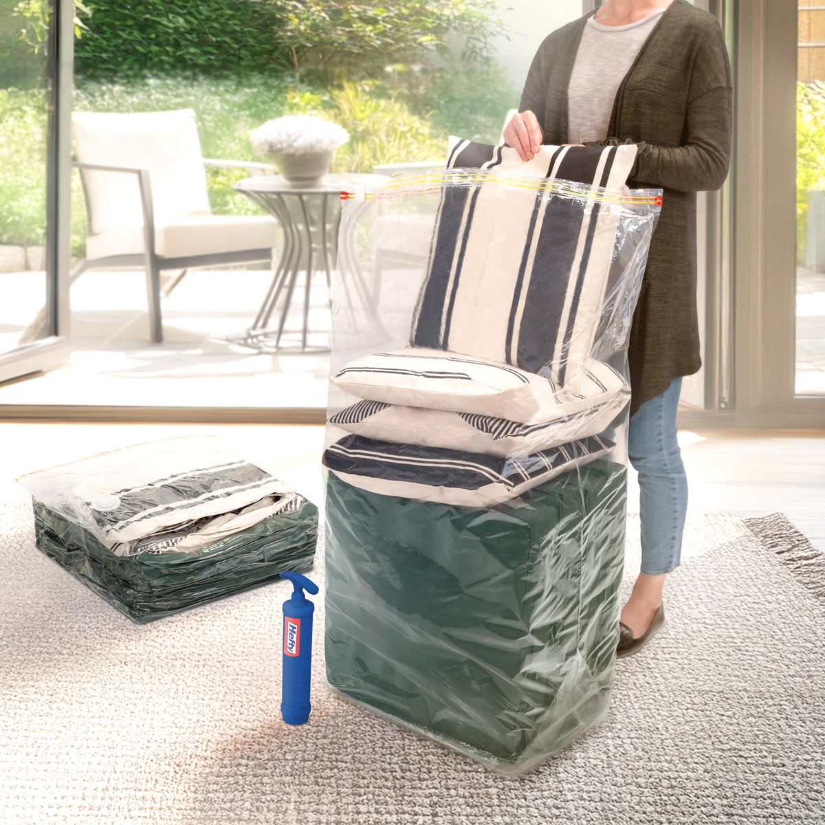 Durable, reusable Hefty Shrink-Pak material designed for repeated use.