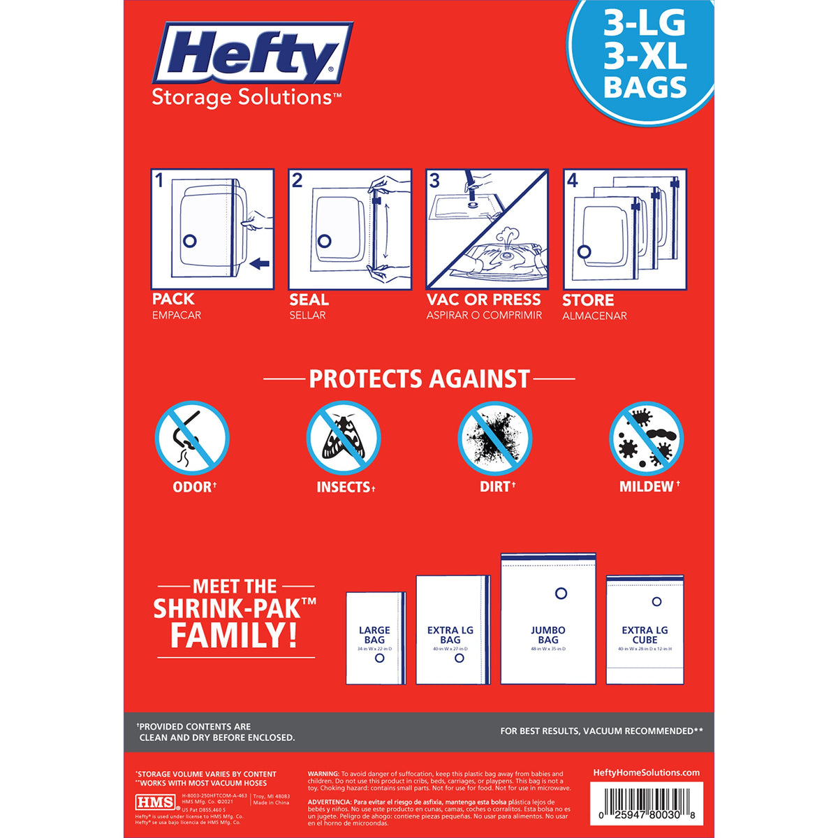Hefty Shrink-Pak easy-seal system provides airtight closure quickly.