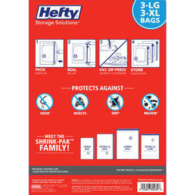 Hefty Shrink-Pak easy-seal system provides airtight closure quickly.
