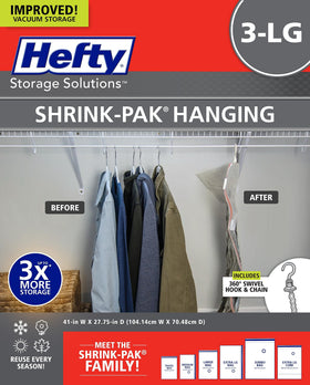 Hefty Shrink-Pak hanging bags in use, maximizing space for seasonal clothing.