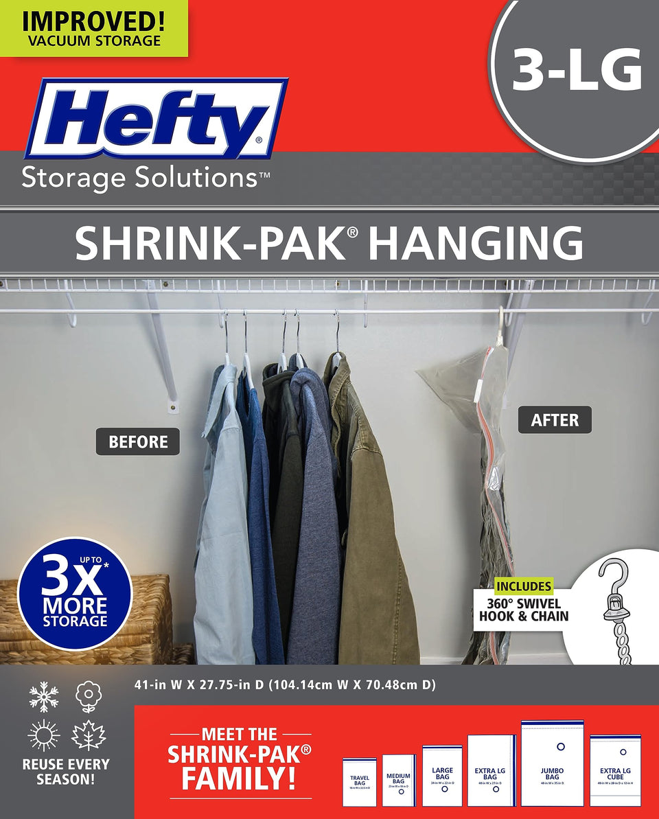 Hefty Shrink-Pak hanging bags in use, maximizing space for seasonal clothing.